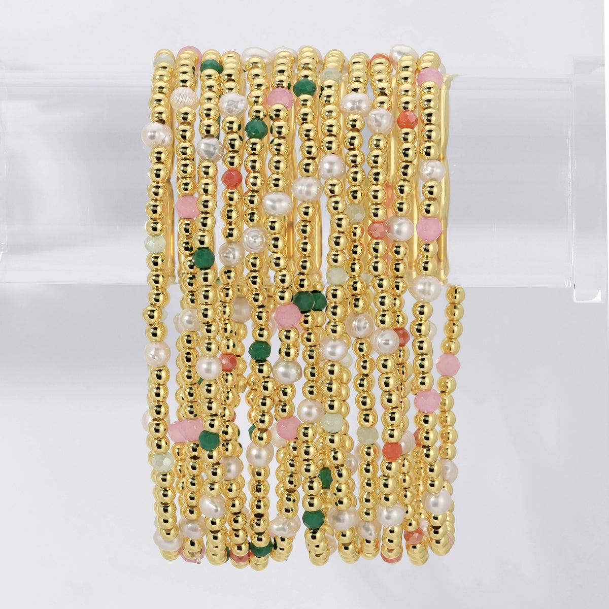 Set/12 3mm Beaded Stretch Bracelet with Small Glass Crystal and Small Pearl Accents
