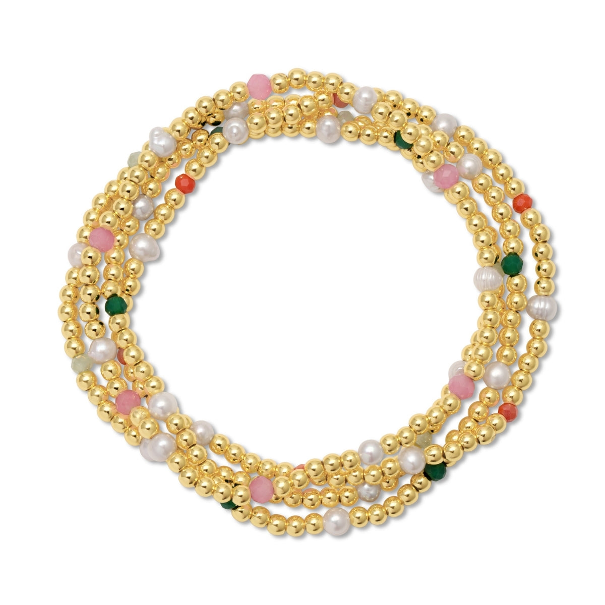 stack of bracelets with gold beads and pearls on a white background