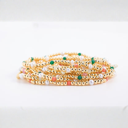 Set/12 3mm Beaded Stretch Bracelet with Small Glass Crystal and Small Pearl Accents