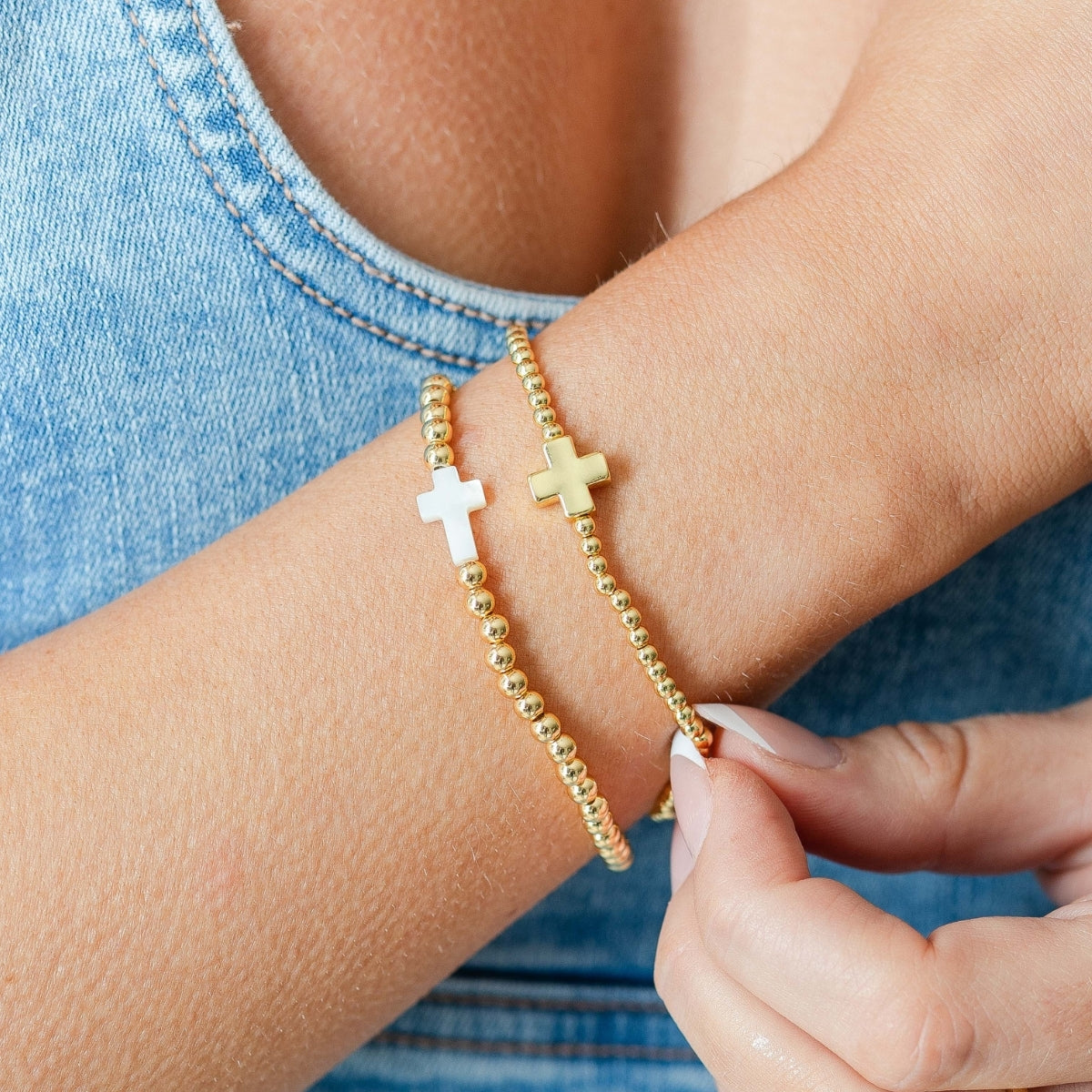 Set/12 3mm Beaded Stretch Bracelet with Single Gold Cross