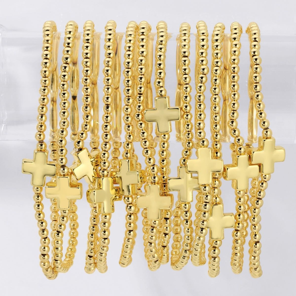Set/12 3mm Beaded Stretch Bracelet with Single Gold Cross