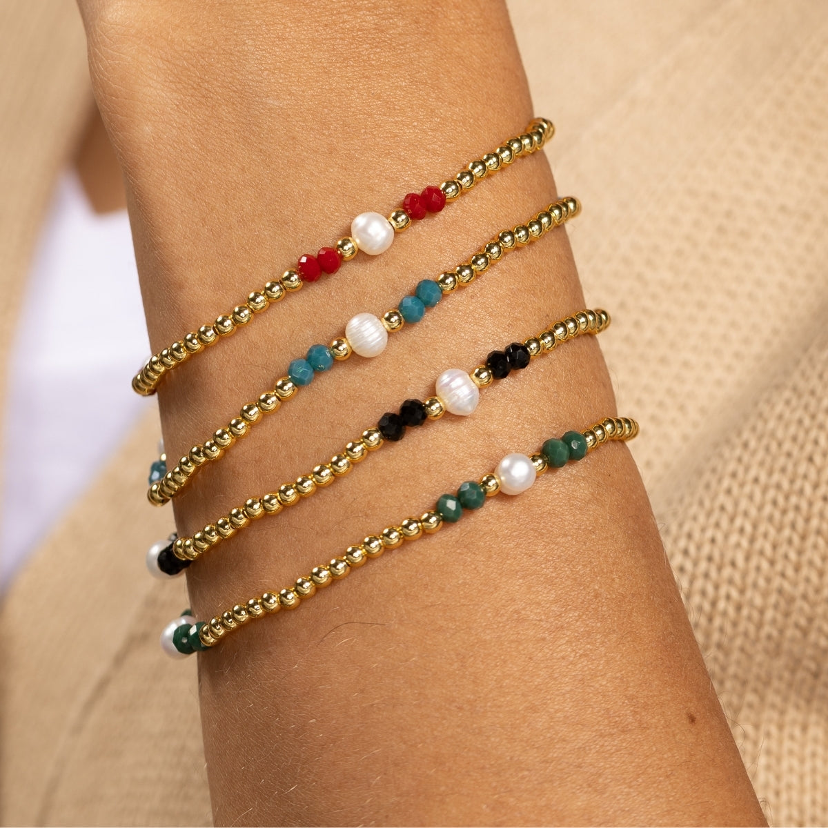 Set/12 3mm Beaded Crystal & Pearl Stretch Bracelets
