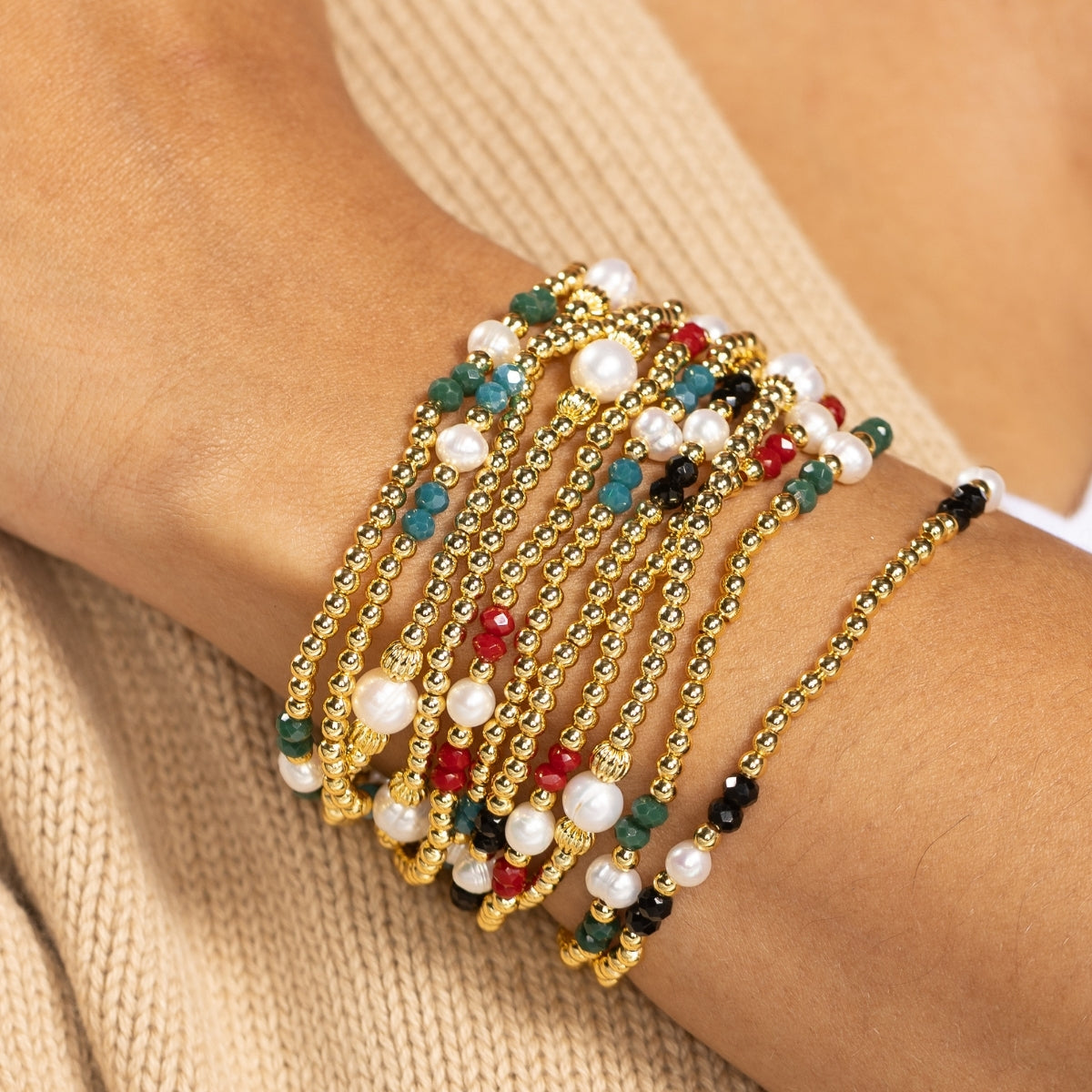 Set/12 3mm Beaded Crystal & Pearl Stretch Bracelets