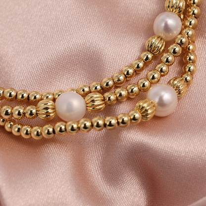 Set/12 Textured Beads Stretch Bracelets with Pearls