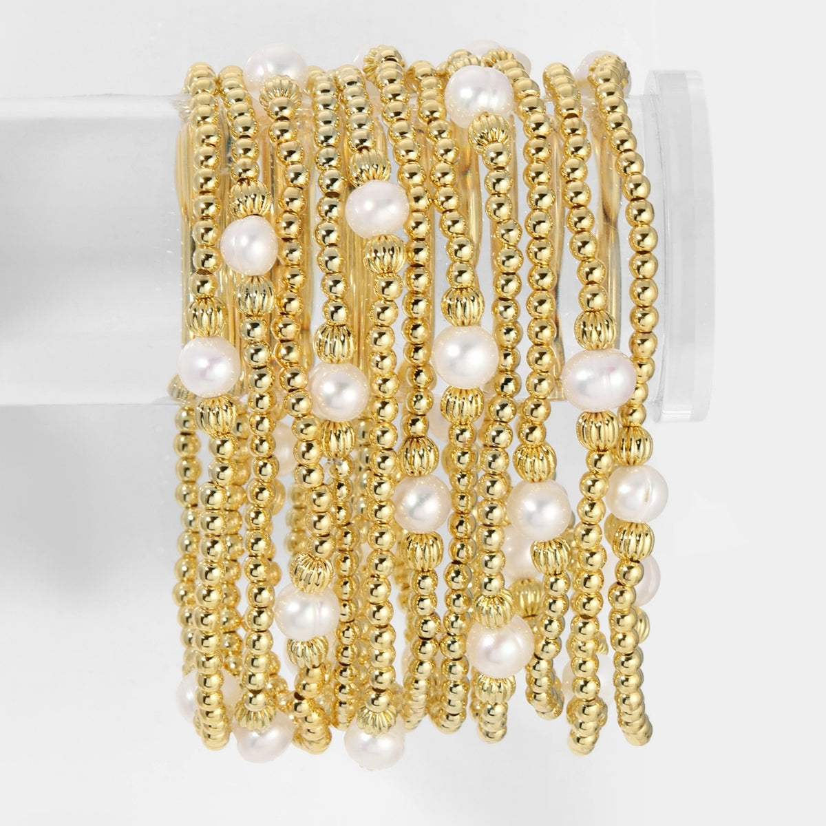 Set/12 Textured Beads Stretch Bracelets with Pearls
