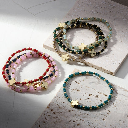 Set/12 4mm Stretch Bracelets with Colorful Crystals and Single Cross