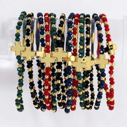 Set/12 4mm Stretch Bracelets with Colorful Crystals and Single Cross