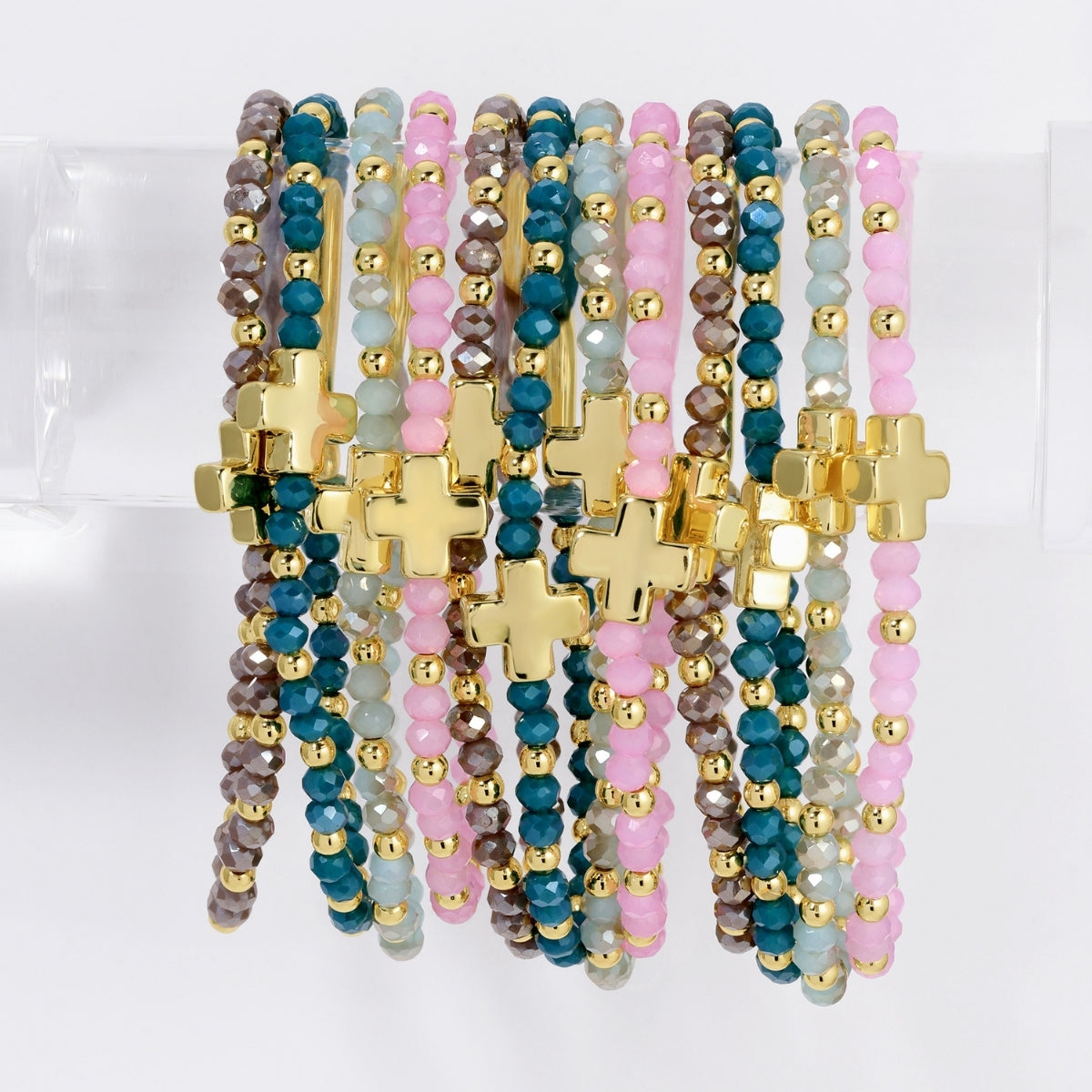 Set/12 4mm Stretch Bracelets with Colorful Crystals and Single Cross