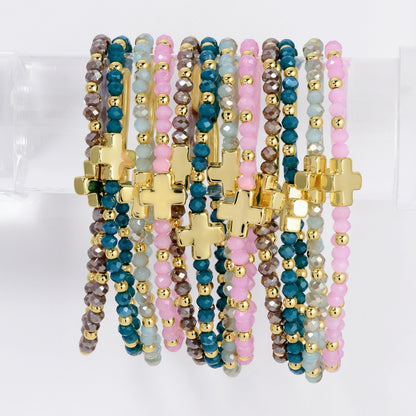 Set/12 4mm Stretch Bracelets with Colorful Crystals and Single Cross