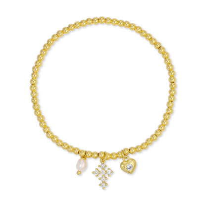 Gold Cross and Heart Charm Beaded Stretch Bracelet