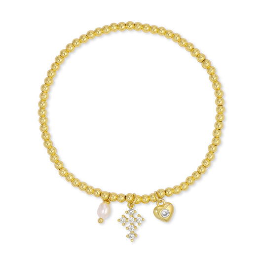 Gold Cross and Heart Charm Beaded Stretch Bracelet