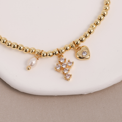 Gold Cross and Heart Charm Beaded Stretch Bracelet