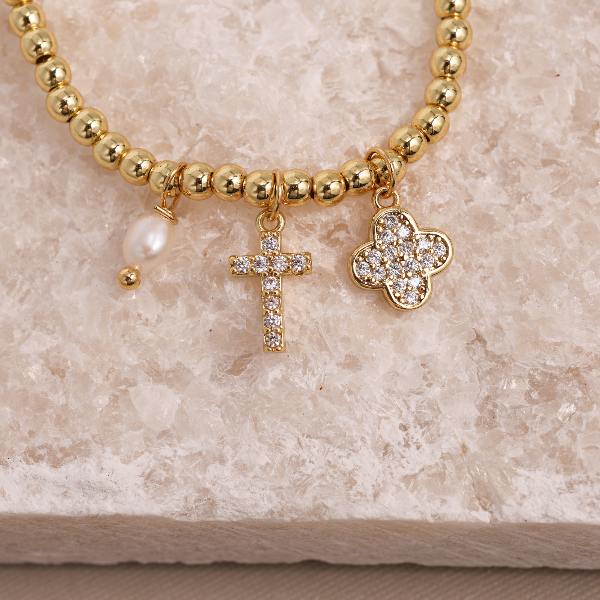 Classic Cross and Quatrefoil Charm Stretch Bracelet