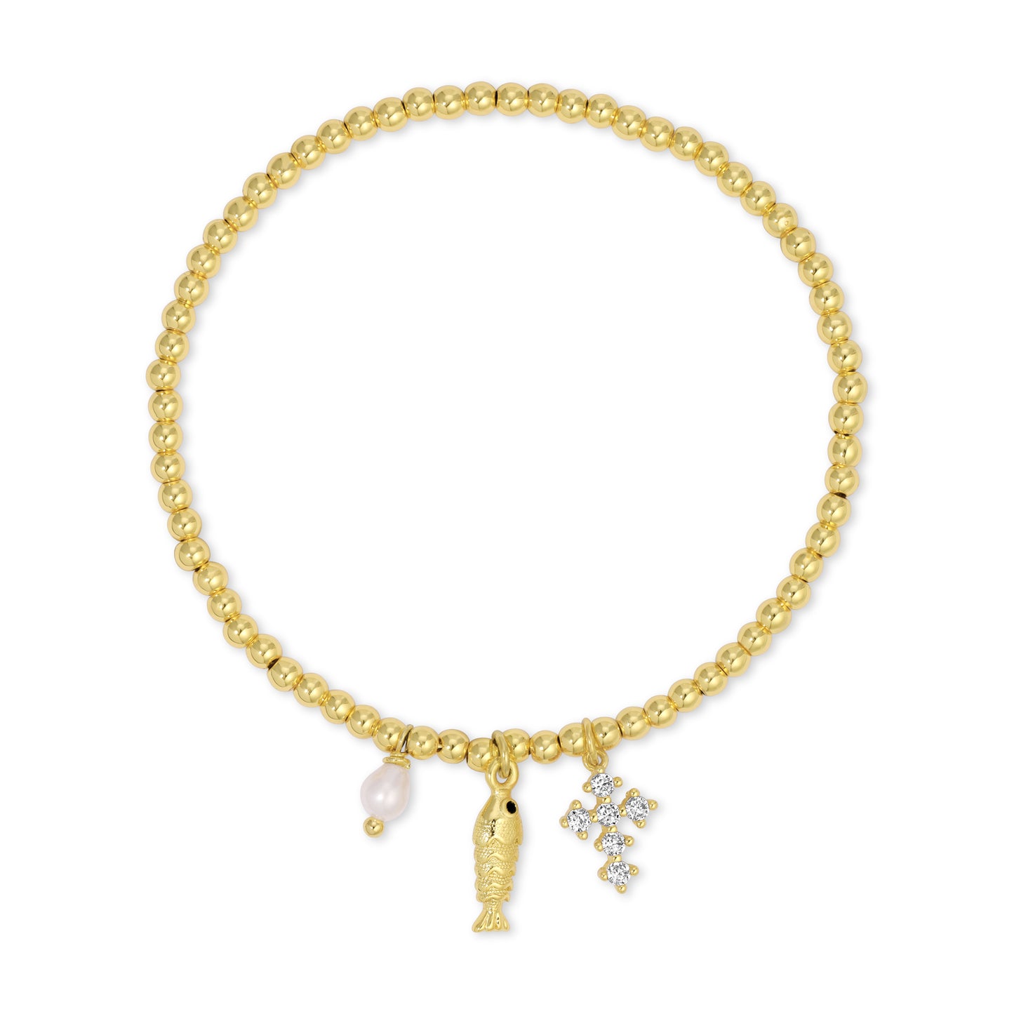 Gold Fish and Cross Charm Beaded Stretch Bracelet