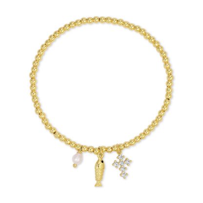 Gold Fish and Cross Charm Beaded Stretch Bracelet
