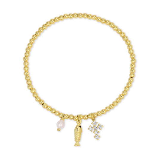 Gold Fish and Cross Charm Beaded Stretch Bracelet