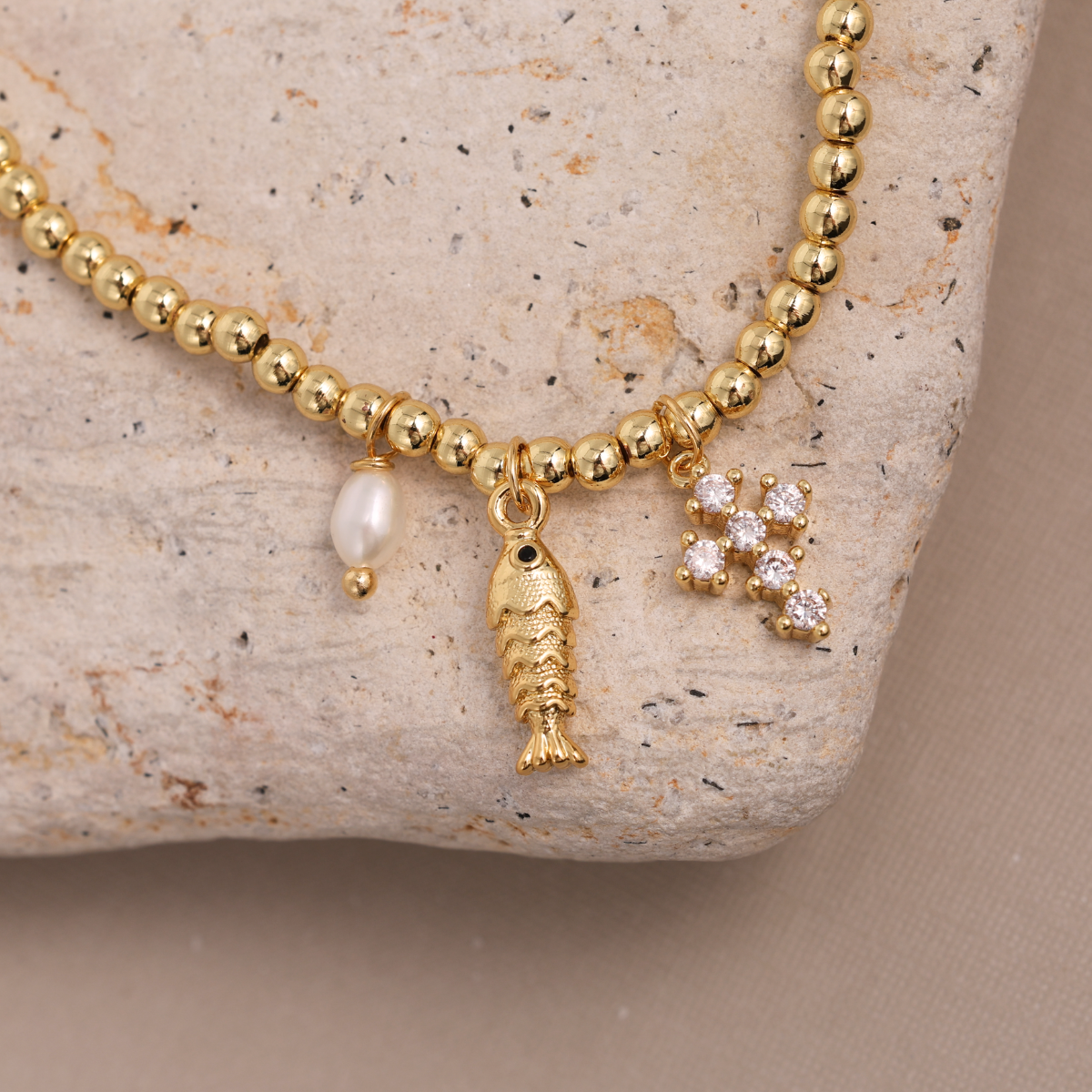Gold Fish and Cross Charm Beaded Stretch Bracelet
