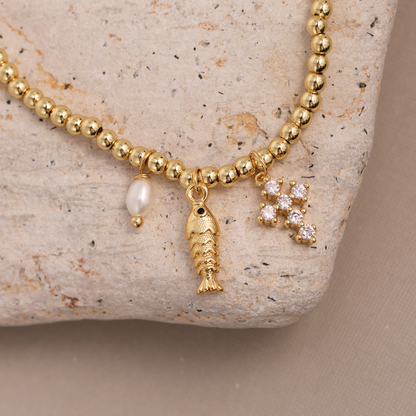 Gold Fish and Cross Charm Beaded Stretch Bracelet