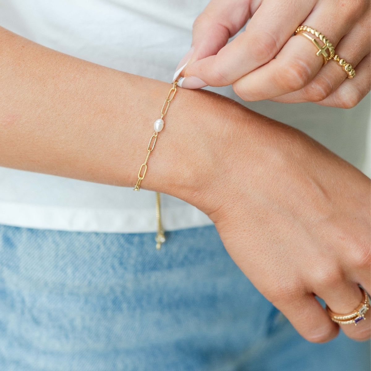 Delicate Link Chain Pearl Pulley Bracelet