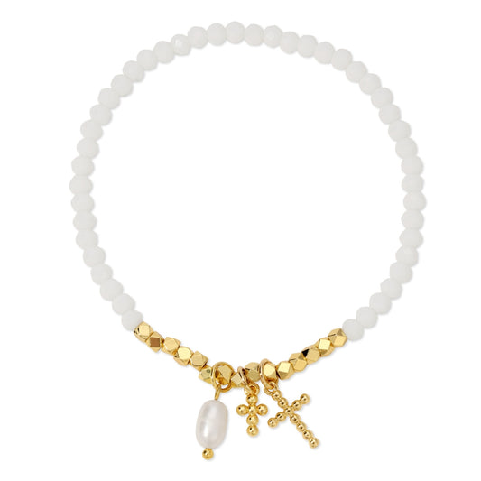 Dotted Cross and Pearl Stretch Bracelet