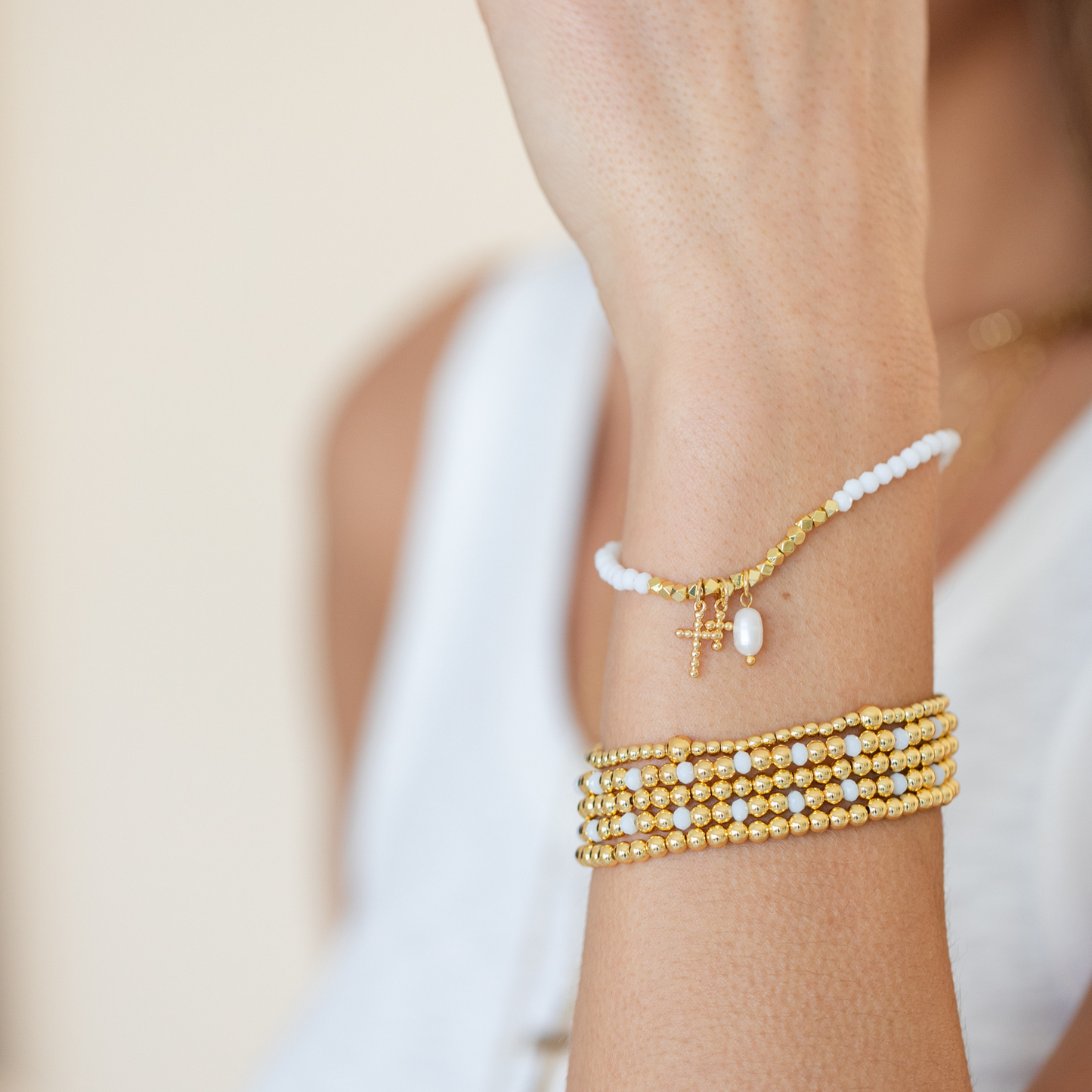 Dotted Cross and Pearl Stretch Bracelet