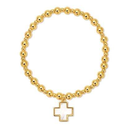 Gold beaded bracelet with a cross charm on a white background
