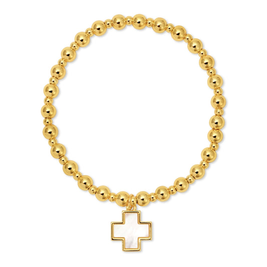 Gold beaded bracelet with a cross charm on a white background
