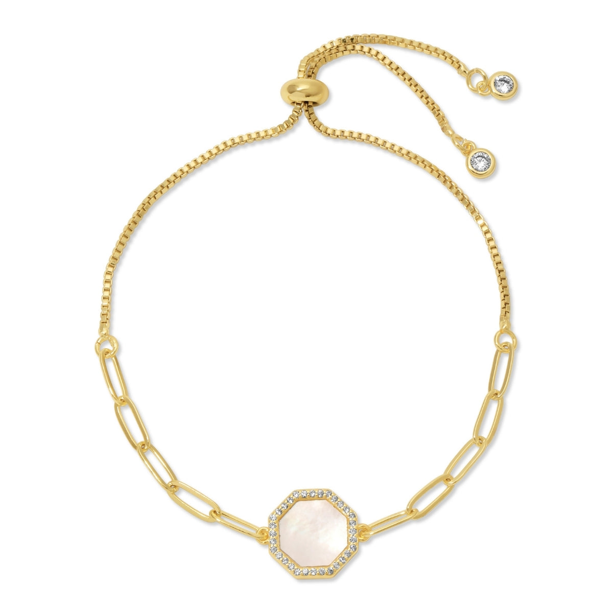 Gold bracelet with a shell charm on a white background