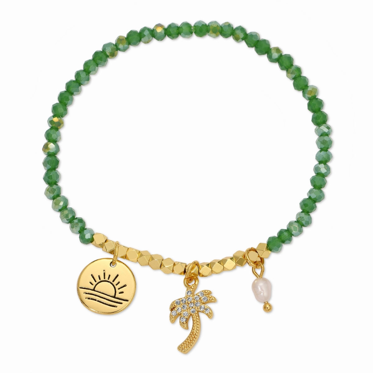 Green beaded bracelet with gold charm, palm tree, and sun design on a white background