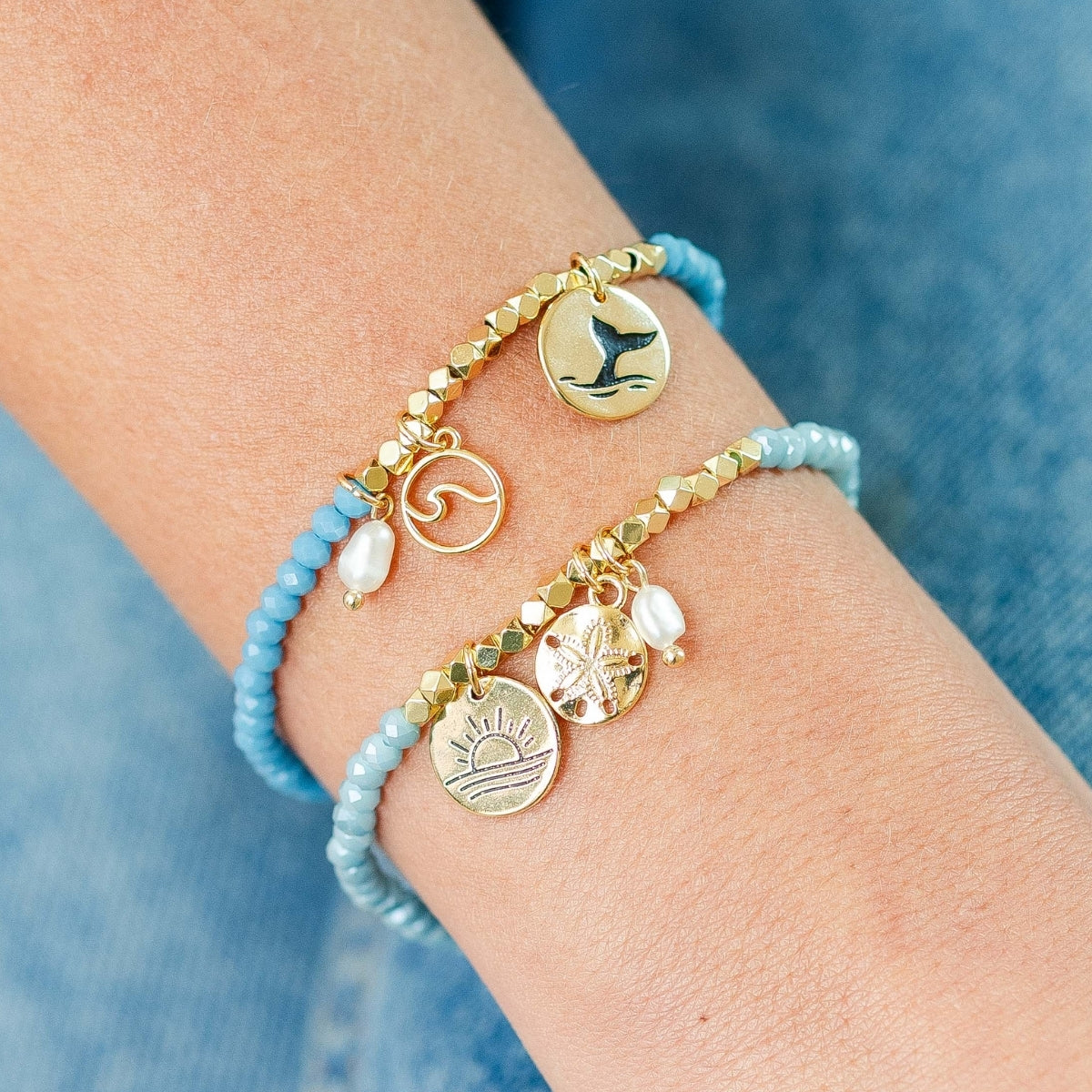 Whale's Tail and Wave Stretch Charm Bracelet