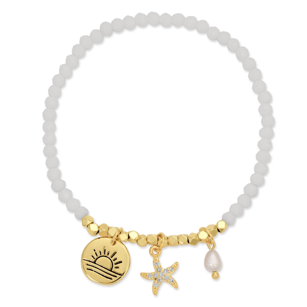white beaded Bracelet with gold charms on a white background