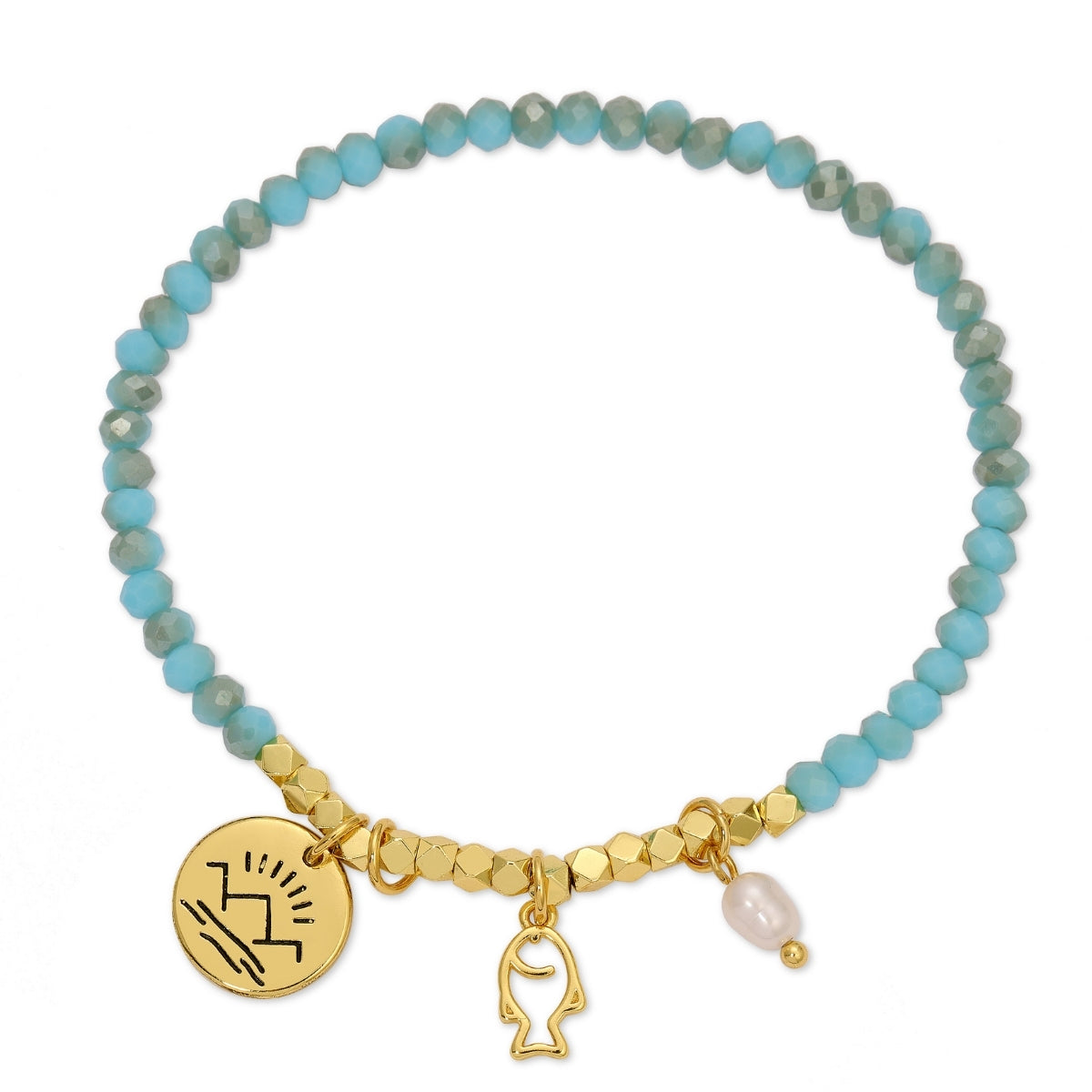 Bracelet with turquoise beads and gold charms on a white background