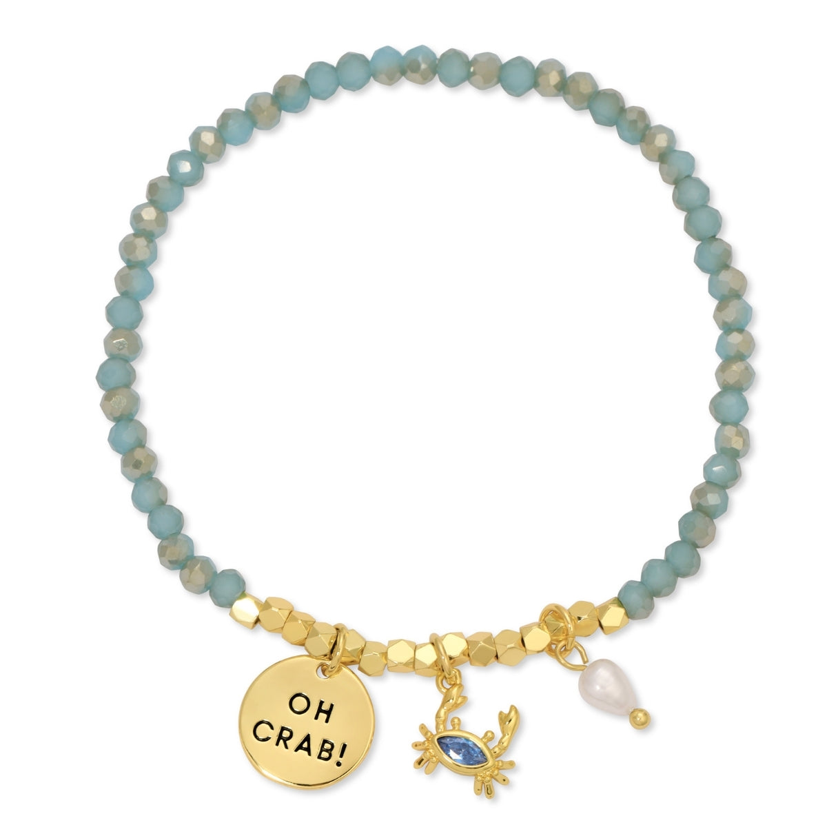 Bracelet with blue beads, gold charm, and 'OH CRAB!' pendant on a white background