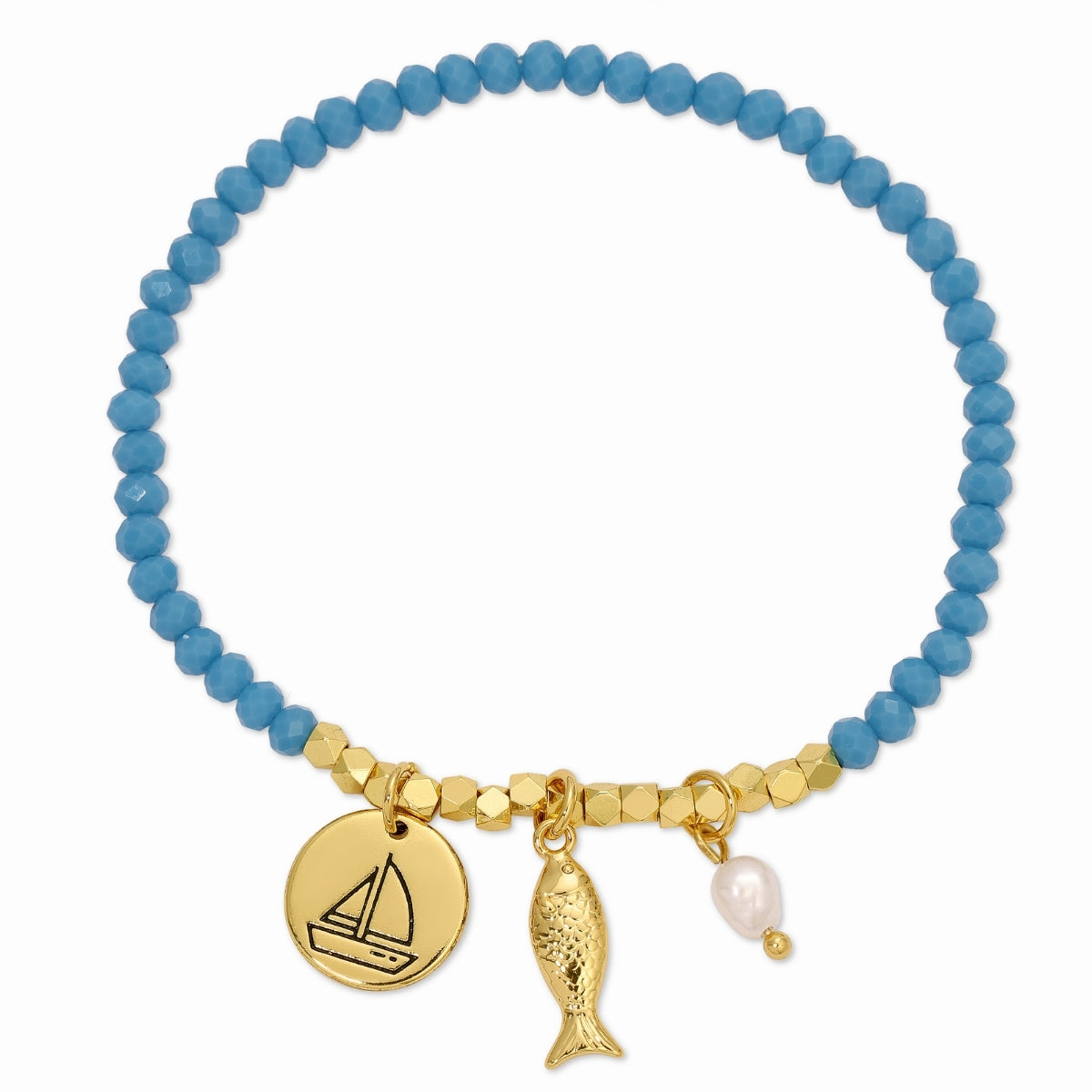 Blue beaded bracelet with gold charms including a sailboat, fish, and pearl on a white background