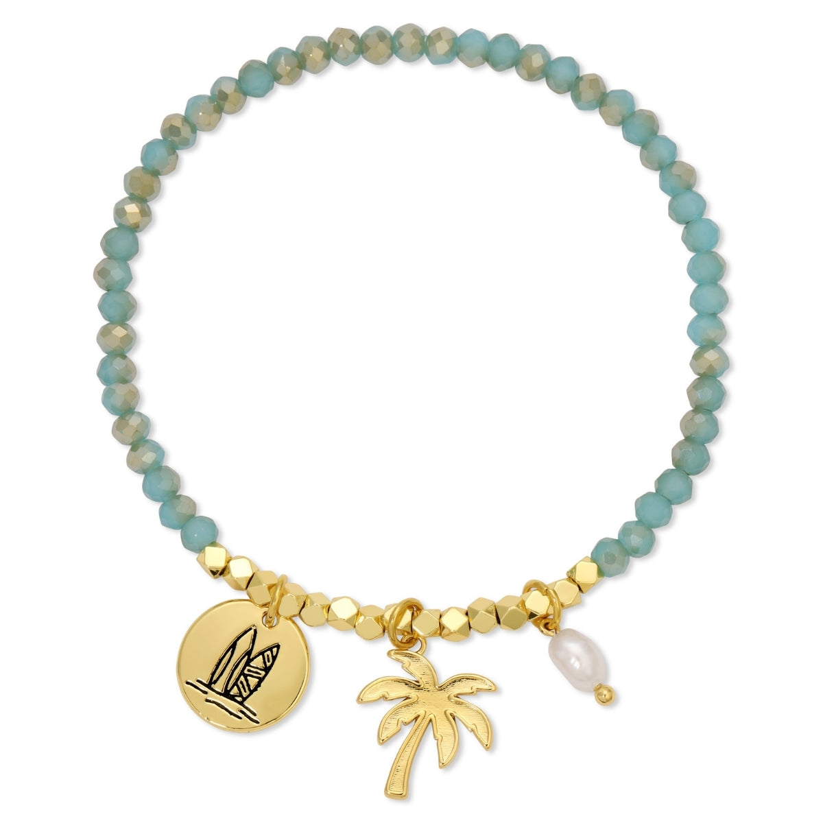 Beaded bracelet with gold charms on a white background
