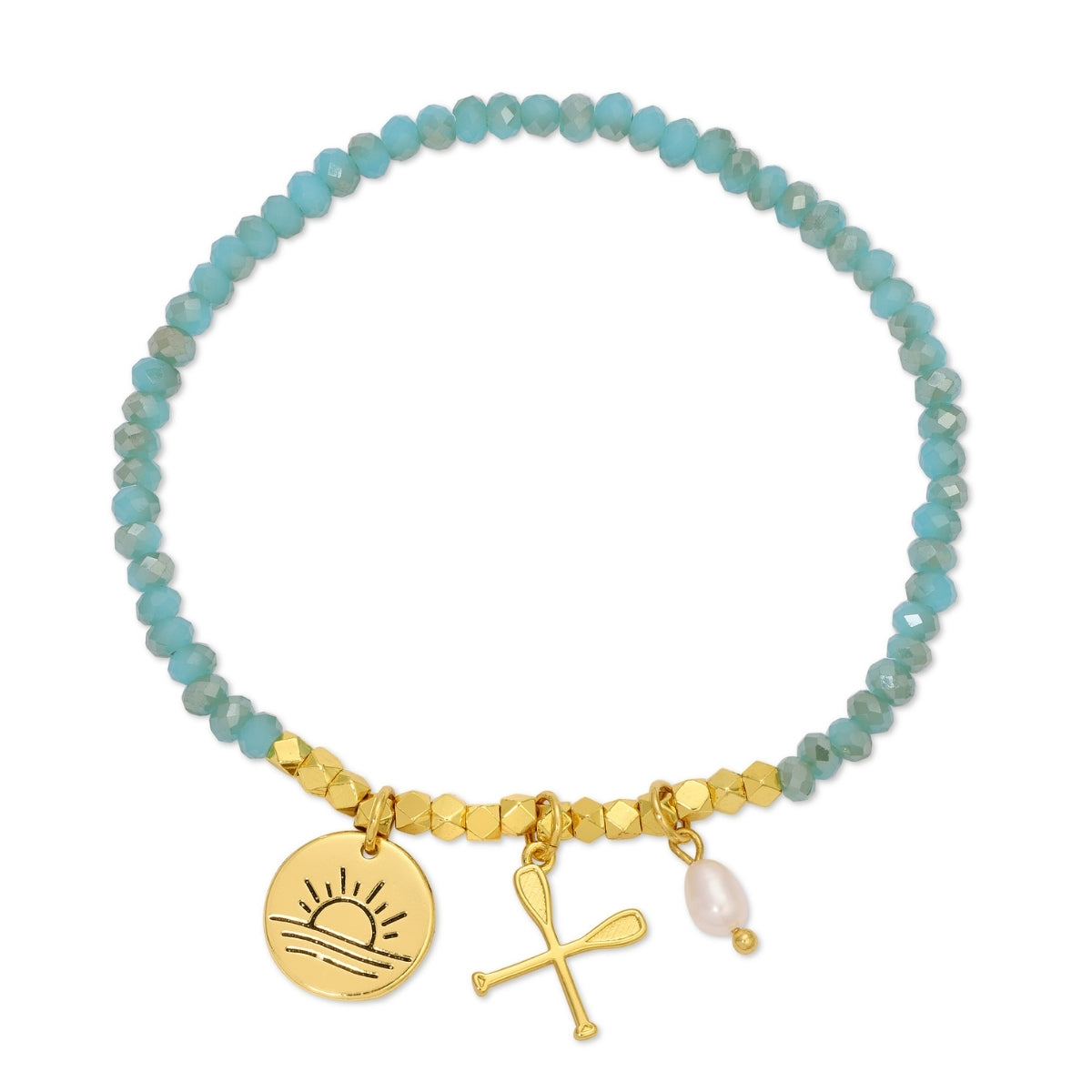 Bracelet with turquoise beads and gold charms on a white background