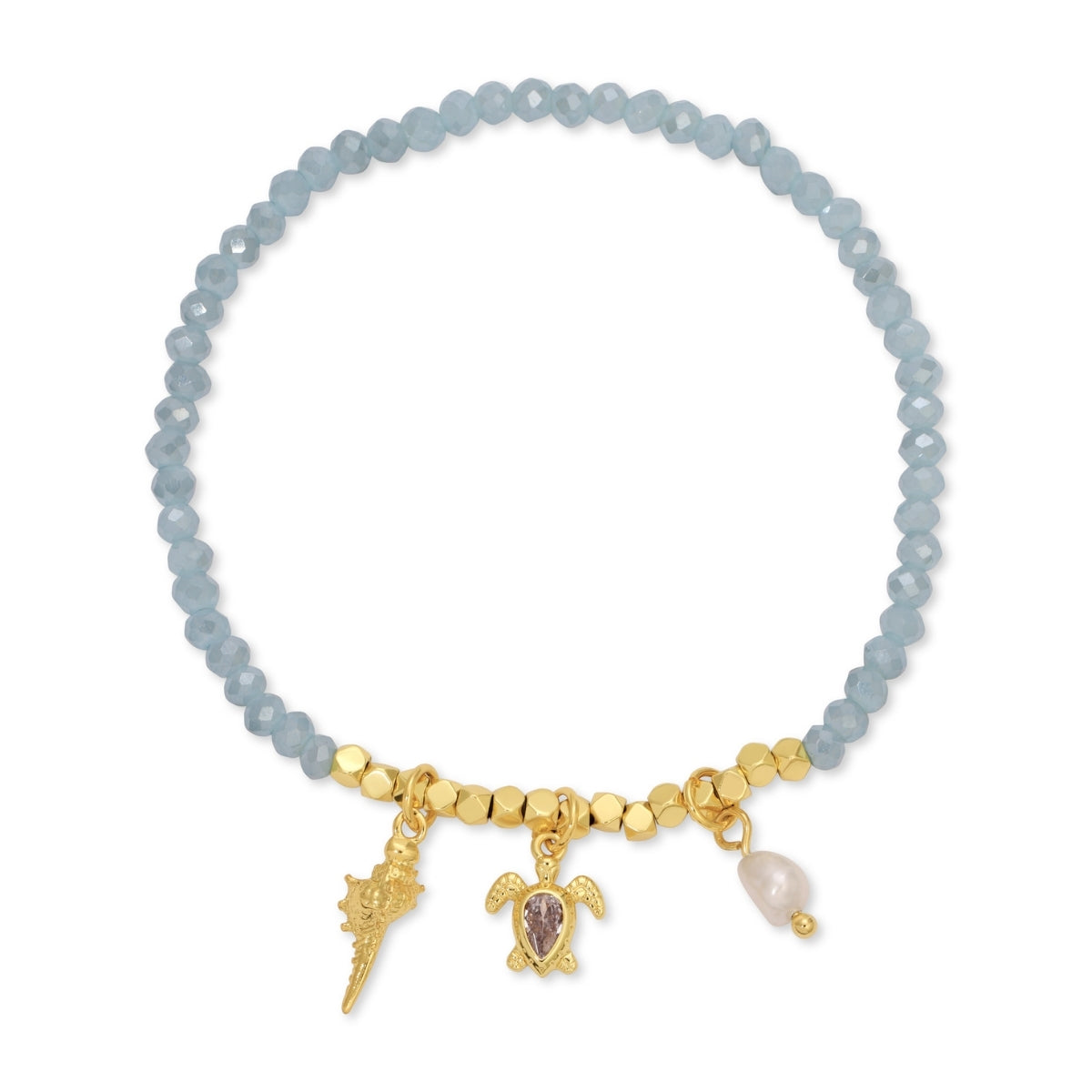Bracelet with blue beads and gold charms on a white background