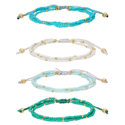 Set/12 Assorted 2mm triple layer adustable seed bead bracelets with gold bead accents