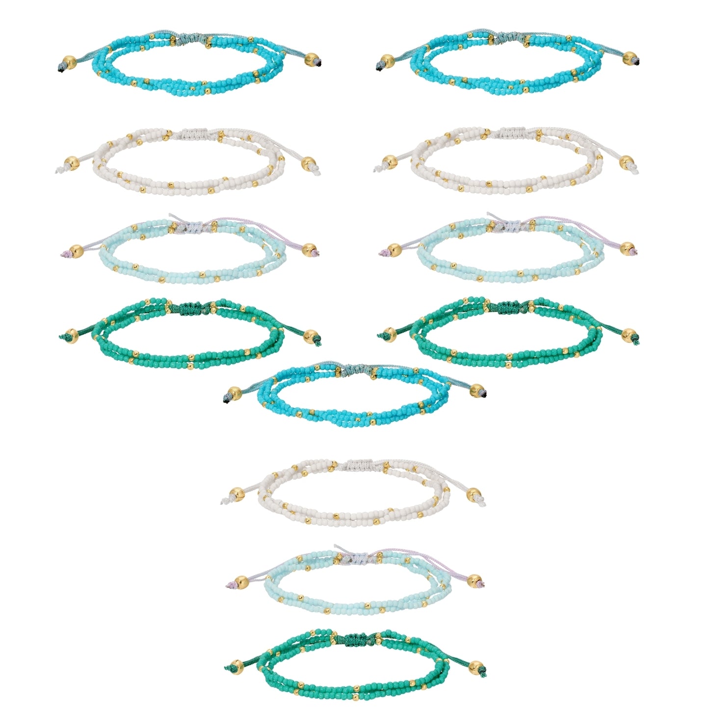 Set/12 Assorted 2mm triple layer adustable seed bead bracelets with gold bead accents