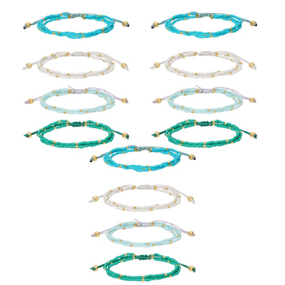 Set/12 Assorted 2mm triple layer adustable seed bead bracelets with gold bead accents