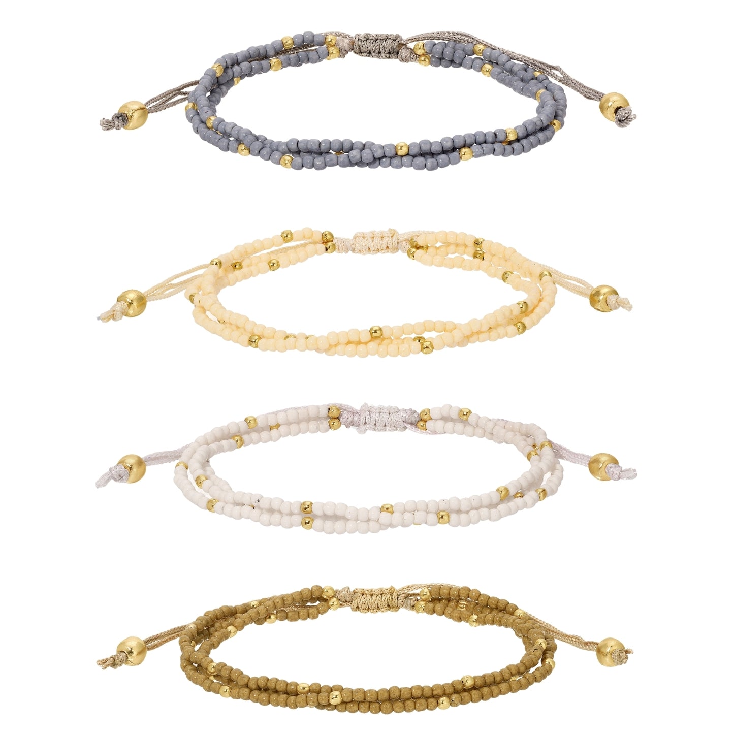 Set/12 Assorted 2mm triple layer adustable seed bead bracelets with gold bead accents