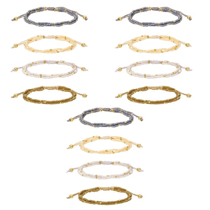 Set/12 Assorted 2mm triple layer adustable seed bead bracelets with gold bead accents