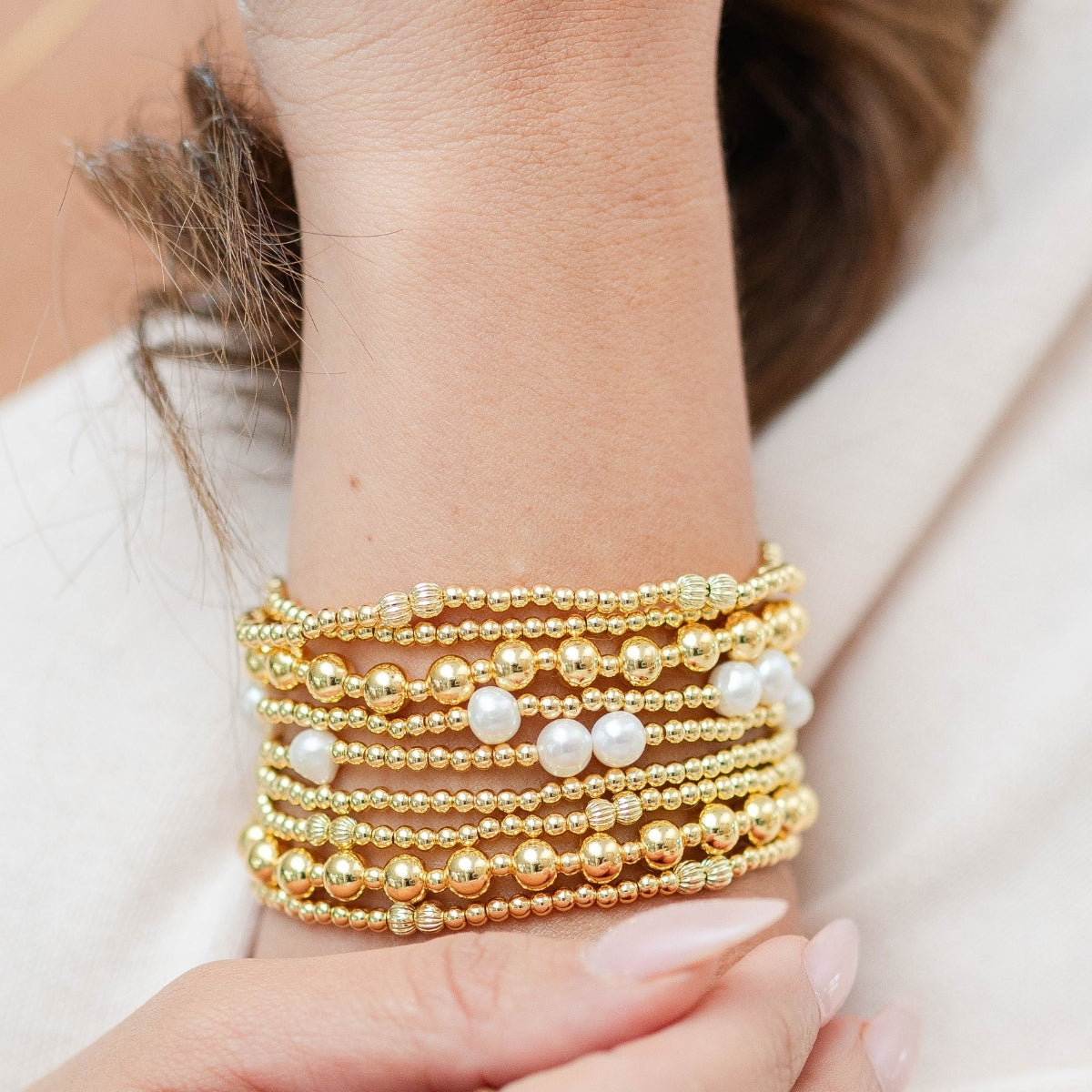 Set/12 3mm Stretch Bead Bracelets with Large Pearl Accents