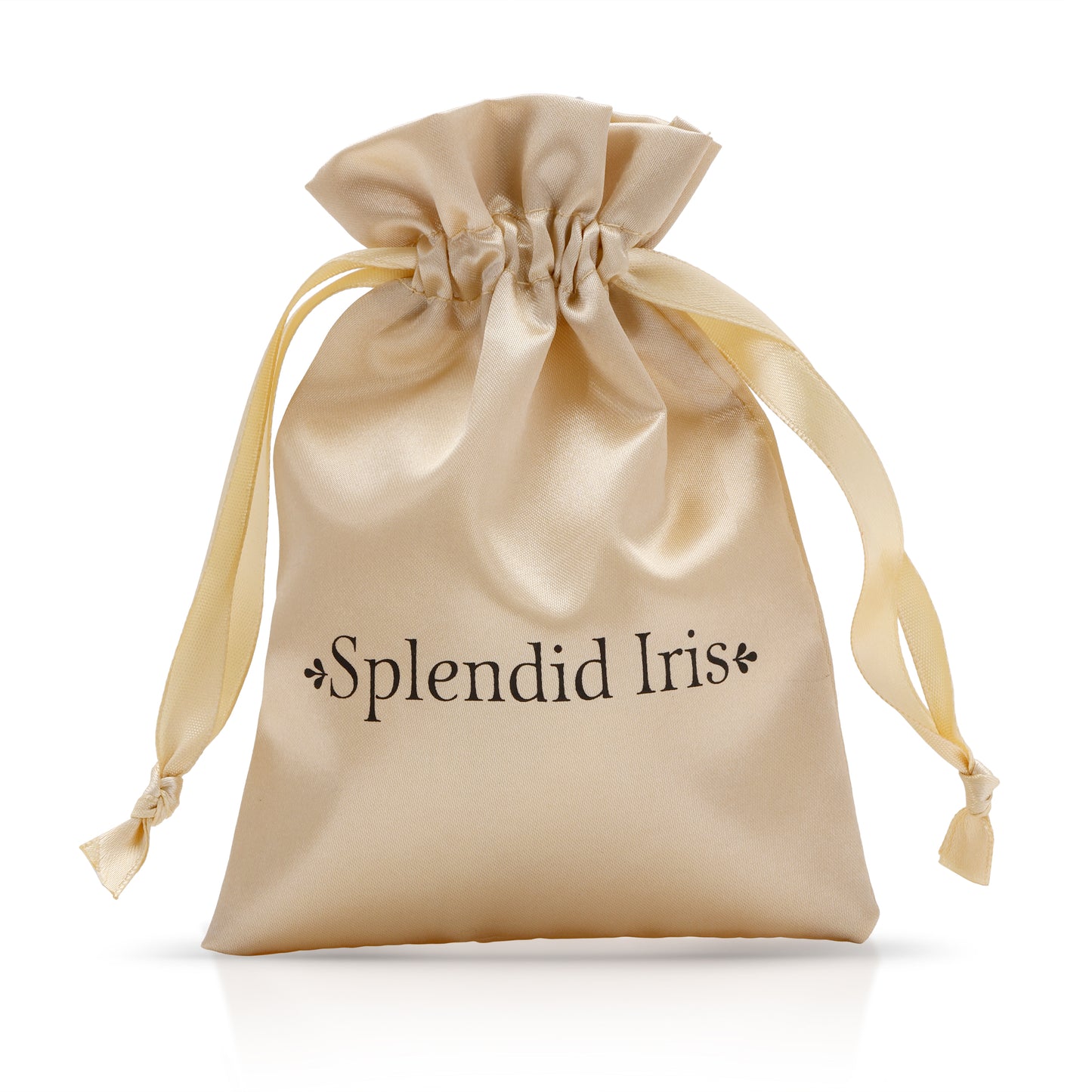 Beige drawstring bag with 'Splendid Iris' text on a white background