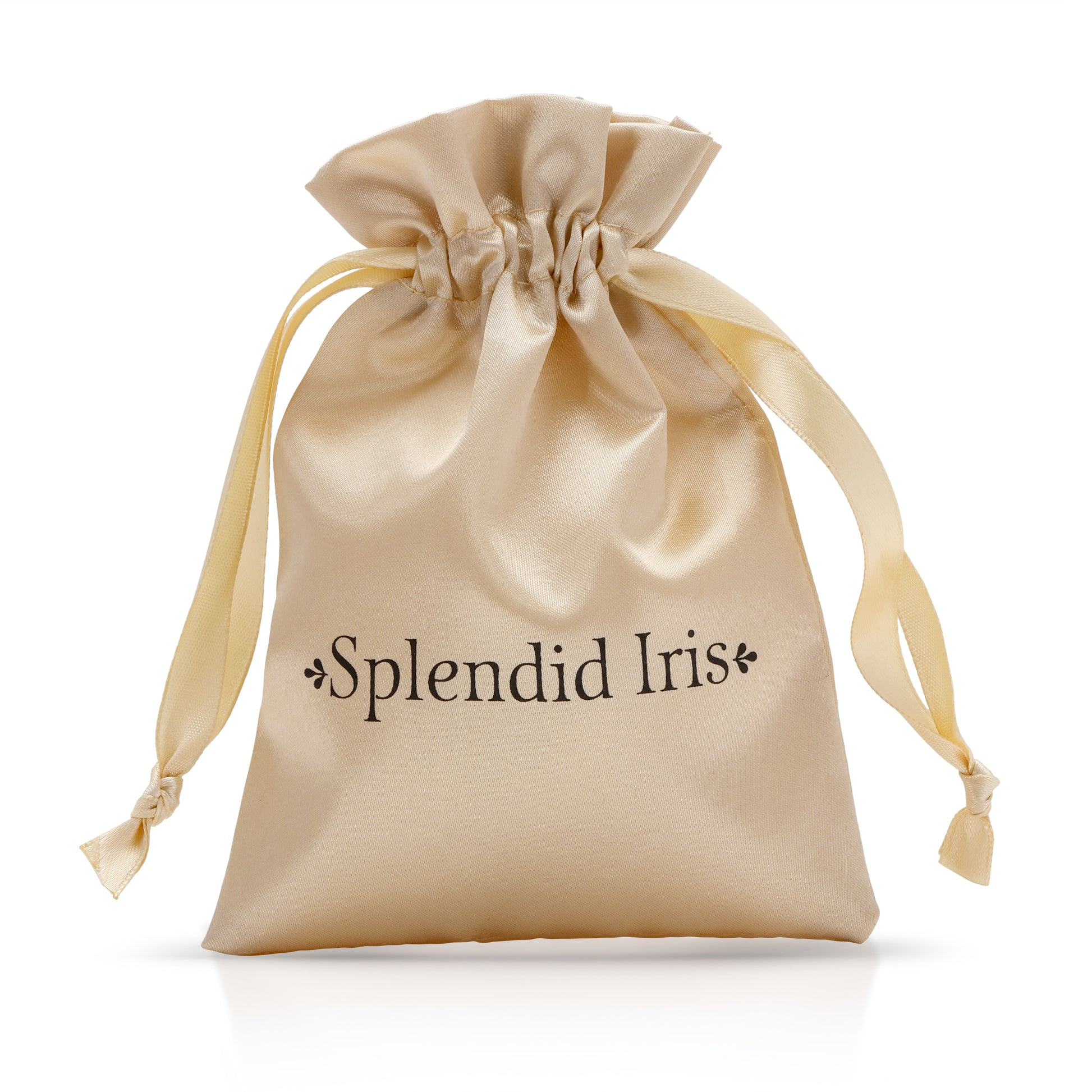 Beige drawstring bag with 'Splendid Iris' text on a white background