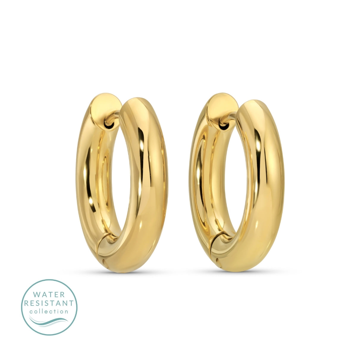 Gold hoop earrings on a white background with 'Water Resistant' collection label.