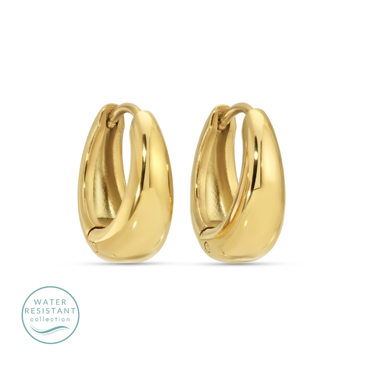 Gold hoop earrings on a white background with 'Water Resistant' collection label.