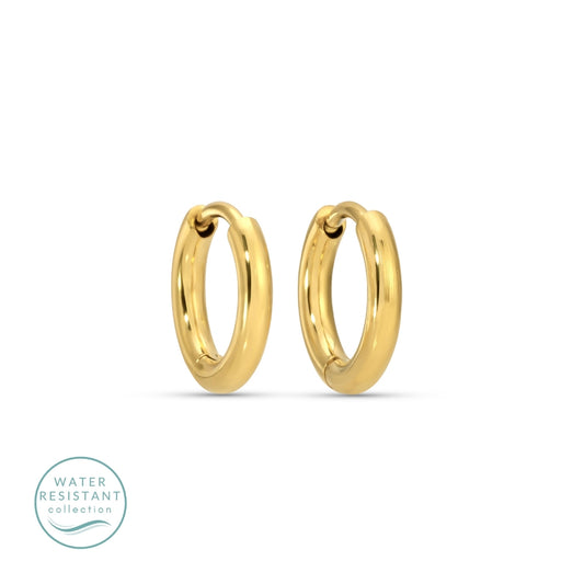 Gold hoop earrings on a white background with 'Water Resistant Collection' label.