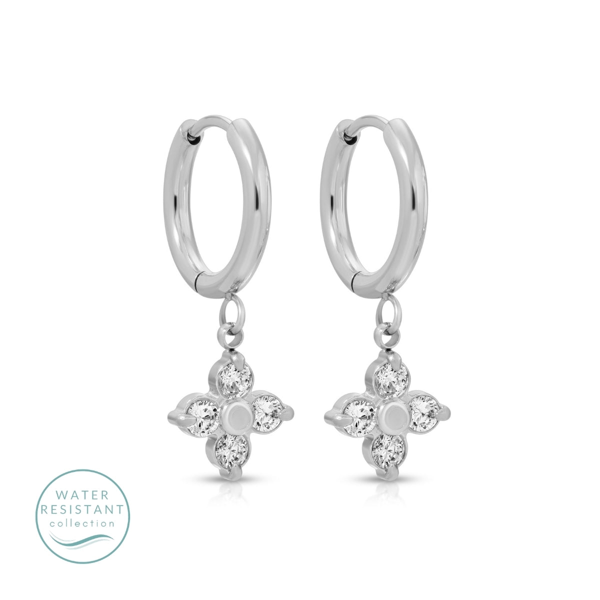 Simple Huggies with CZ Flower, Water-Resistant