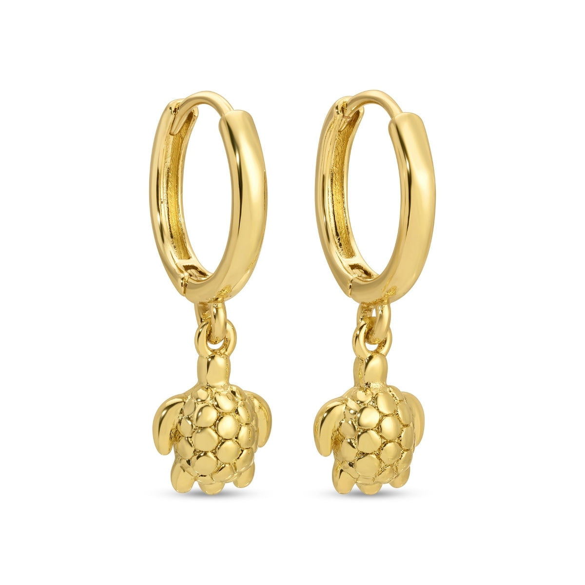 Gold hoop earrings with turtle charms on a white background